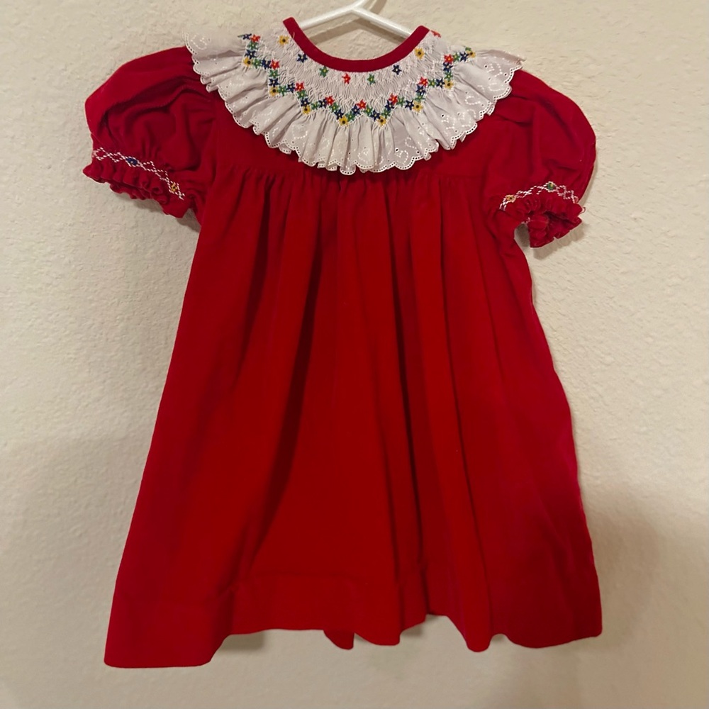 Red Smock Dress with Embroidered Collar 2T